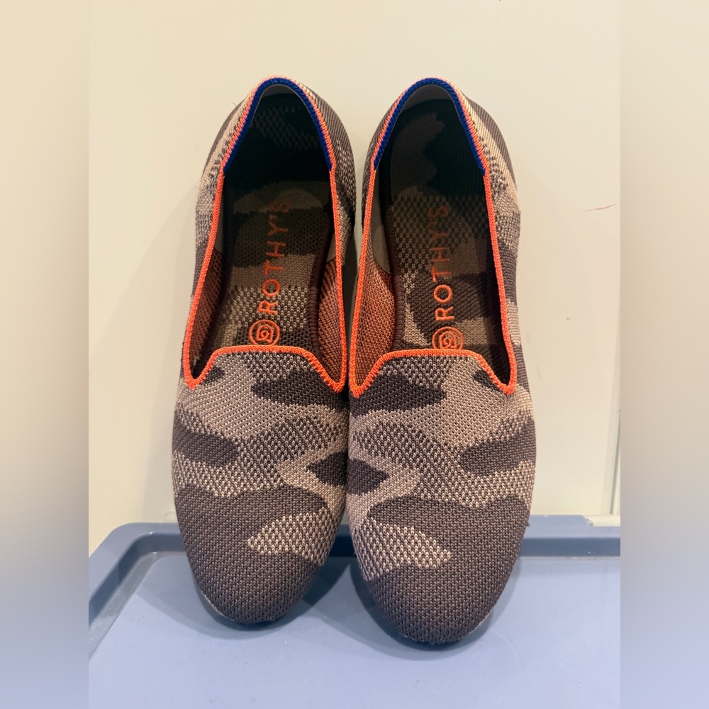 Rothy's The Loafer in the Taupe Camo pattern, a machine-washable slip-on shoe